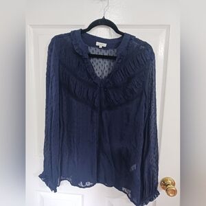 Sundance navy long sleeve sheer swiss dot pintuck sheer ruffle boho fairy